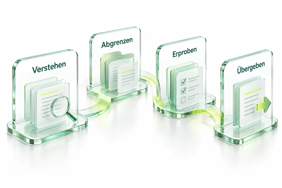 Die vier vereinbarten Projektschritte: Verstehen, Abgrenzen, Erproben und Übergeben.